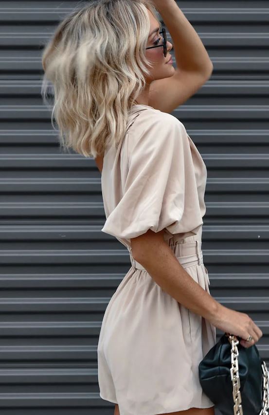 White One Shoulder Puff Sleeve Front Tie Romper