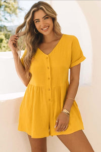 Yellow Button V Neck Crinkle Pocketed Romper