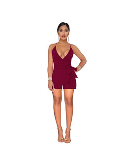 SEXY SOLID COLOR DEEP V NECK TIEBACK SLING JUMPSUITS OPEN BACK CROSSOVER FASHION