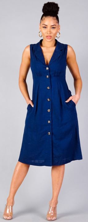 Sleeveless collared button front flared midi dress