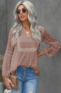 Ruffled Split Neck Lace Hollow Out Puff Sleeve Polka Dot Blouse