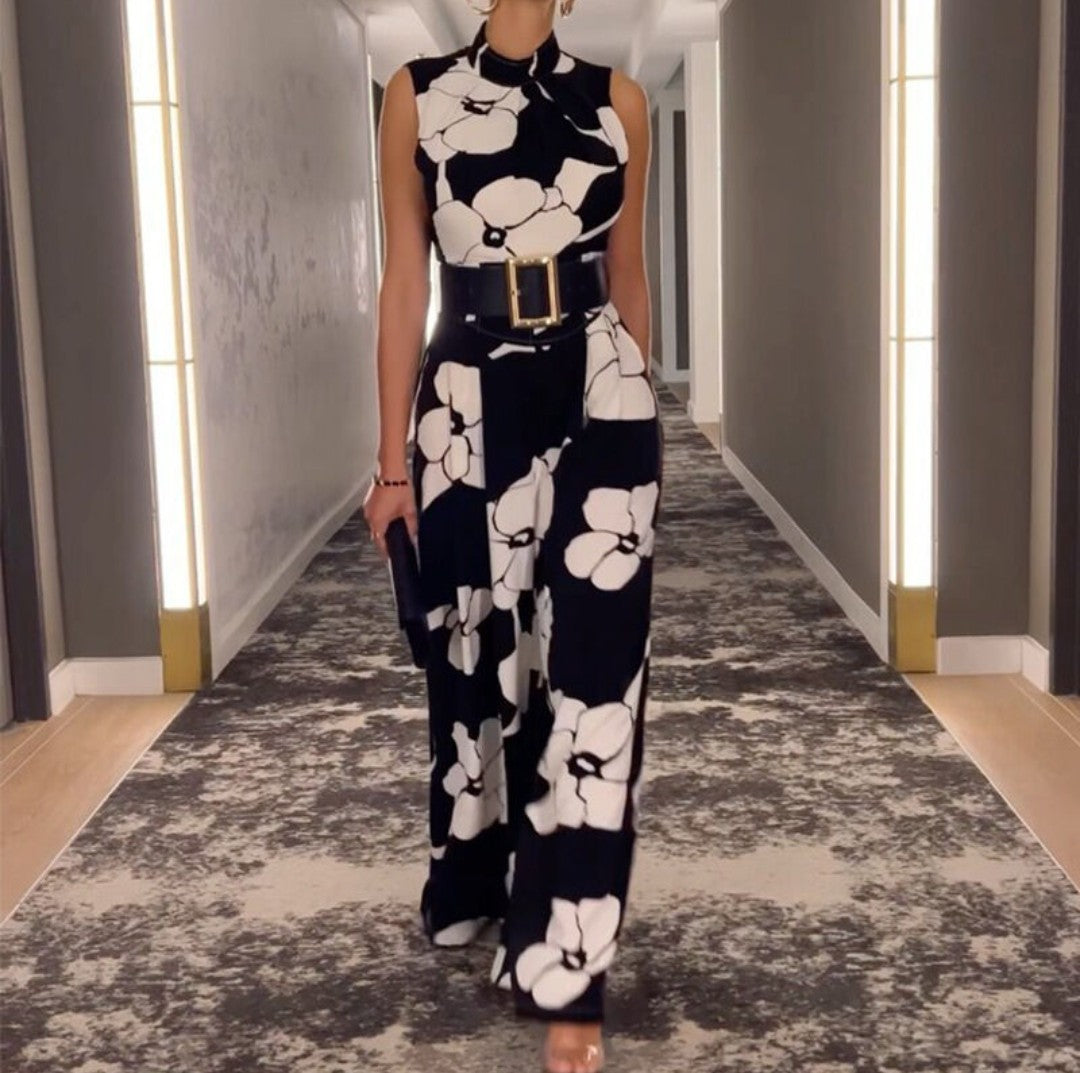 FASHION SEXY SLEEVELESS PRINTED JUMPSUIT WITH BELT
